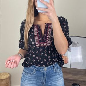 Ella Moss Black and Pink Floral Swiss Dot Blouse